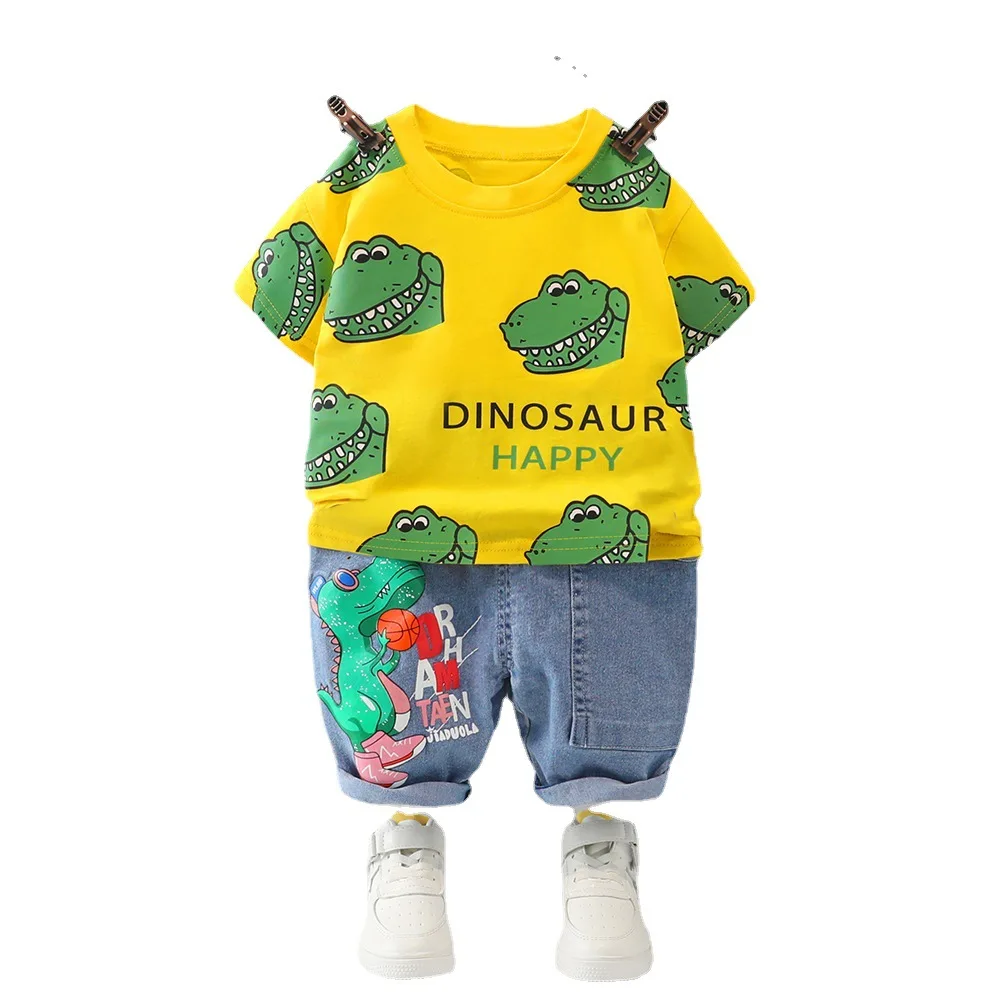 

Baby Boy Summer Clothes Baby Outfit Toddler Cartoon Short Sleeve T-Shirt+Denim Shorts Two Piece Suit Pullover Casual Newborn Set