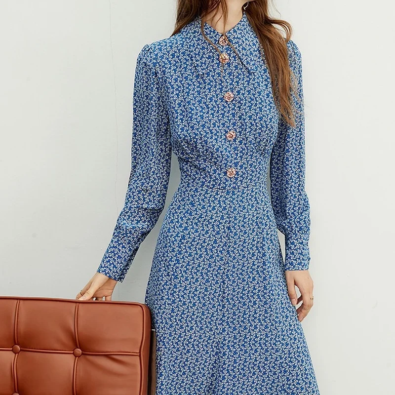 

Women Dress 2021 Long-sleeved Silk Floral Dress with Diamond Buttons