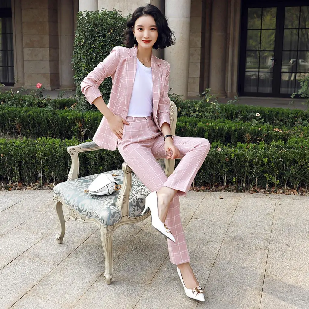 

Casual Plaid Pant Suit Women S-5XL Female Blazer Pink White Black Jacket Coat And Trouser 2 Piece Set