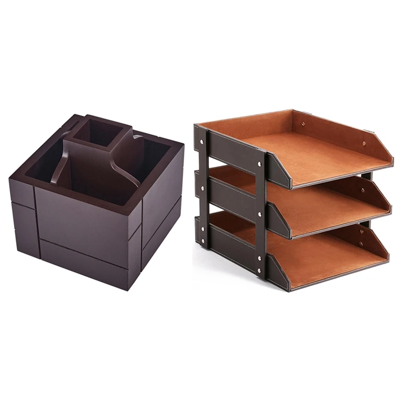 

1 Pcs 3-Tier Stacking Leather Letter Trays Storage Holder & 1 Pcs Wooden Multifunctional Pen Holder