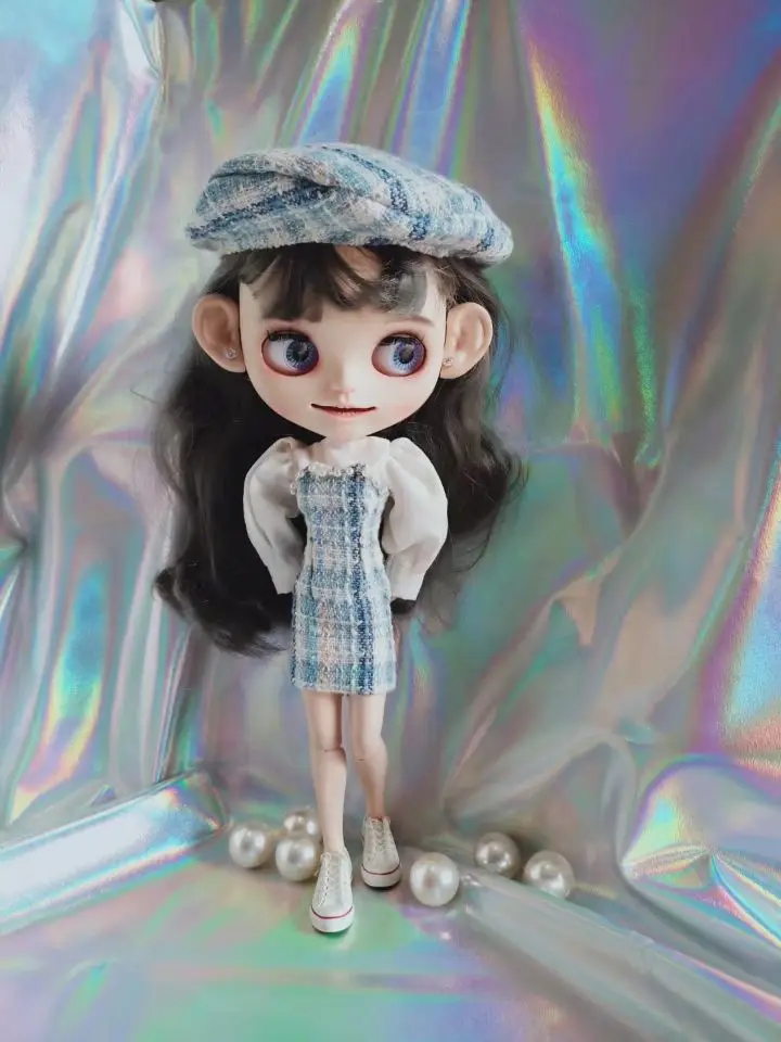 

Blythes doll clothes blue plaid pearl strapless dress + puff sleeve blouse blythes 1/6 size doll accessories