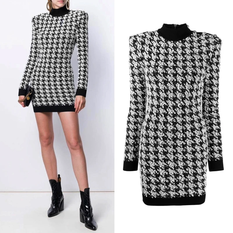 

New cloth dress female black and white plaid render long sleeve turtleneck cultivate morality show thin package hip