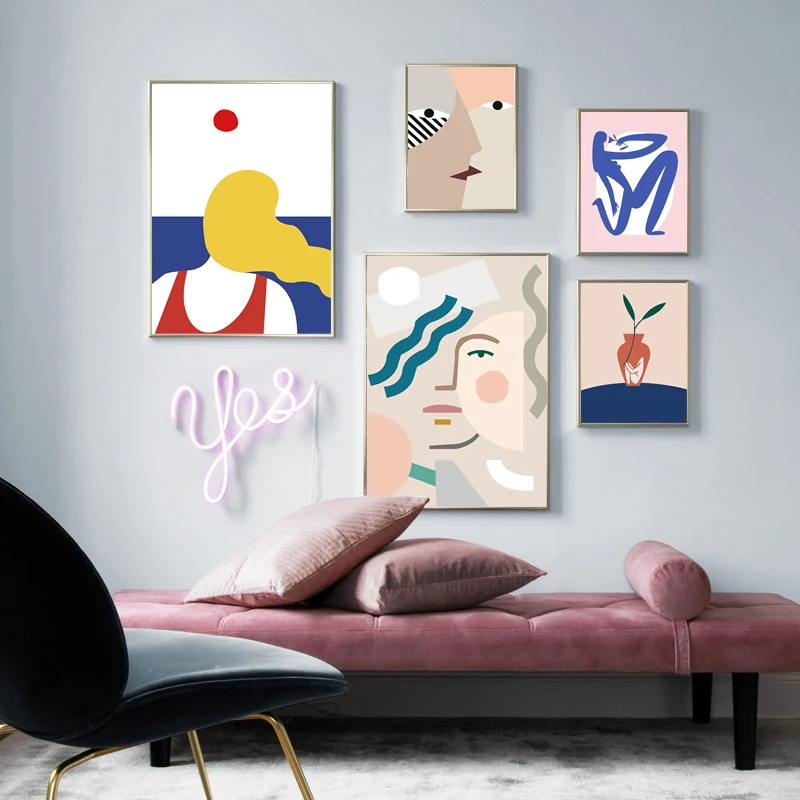 

Colorful Abstract Figure Poster Nordic Fashion Women Face Line Drawing Canvas Painting Wall Art Pictures For Girls Bedroom