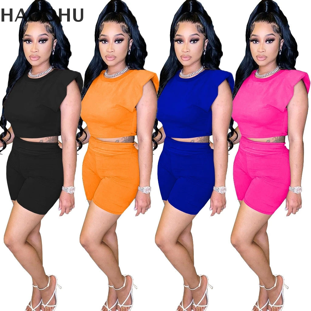 

Женская одежда HAOOHU, женский летний однотонный костюм из двух предметов с короткими рукавами и наплечниками