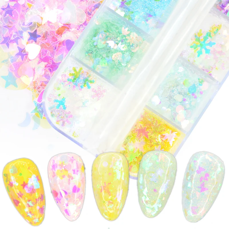 

12 Grids Colorful Acrylic Sequins Flakes Nail Mirror Sparkly Paillette Glitter Hexagon Round Mixed Nail Art Decoration