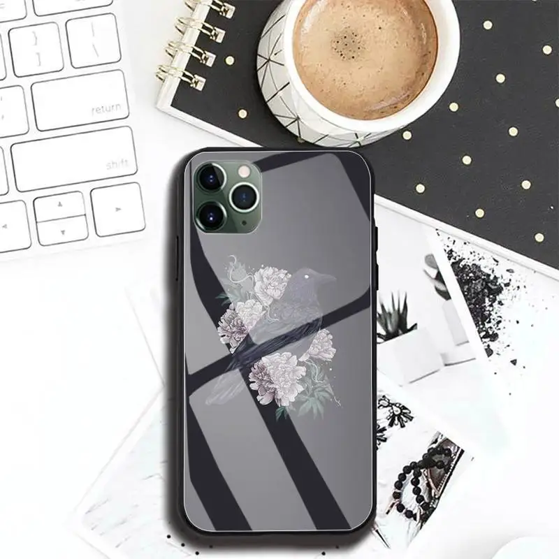 

Hot Raven Dark Crow Phone Case For Iphone 12 11 Pro MAX XR X 7 8Plus SE2020 DIY Shockproof Glass Soft Silicone Edge