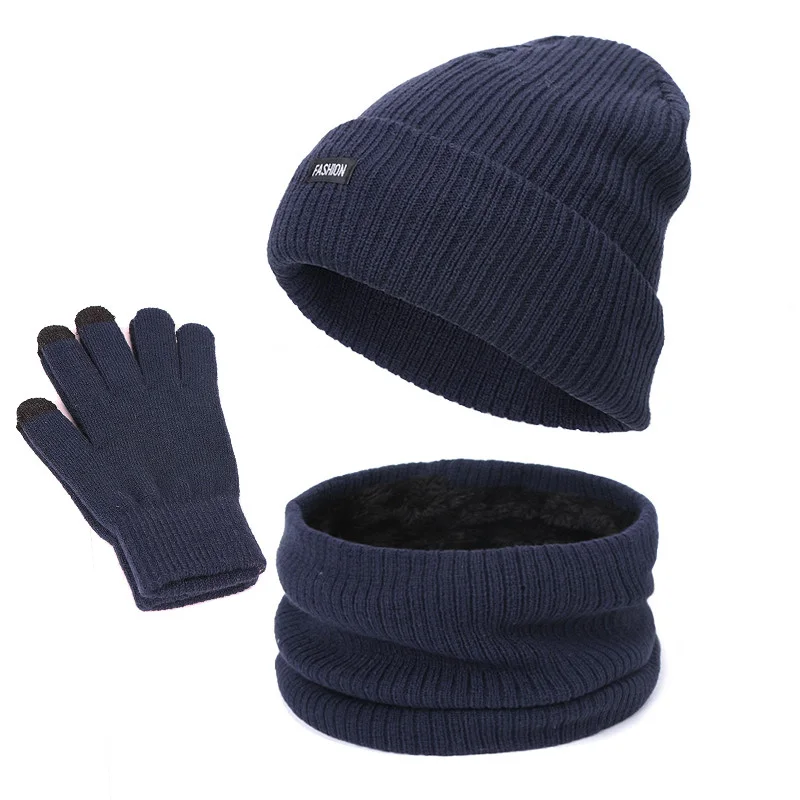 Winter Beanie Hat Scarf Gloves Three-piece Set Women Men Touch Screen Outdoor Warm Velvet Knitted Unisex Hats Sets | Аксессуары для