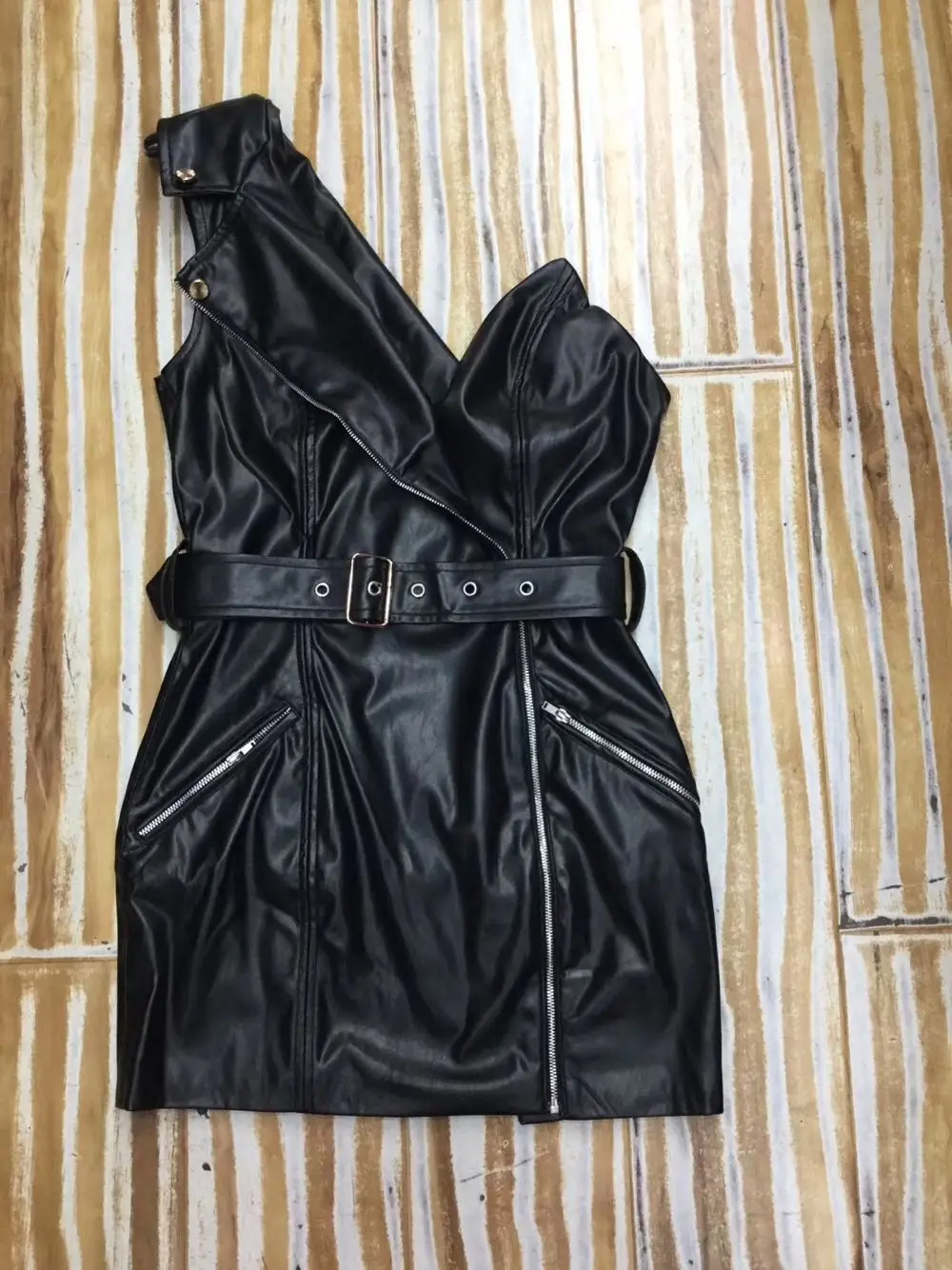 

High Quality Celebrity Black One Shouler Leather Dress Evening Party Dress