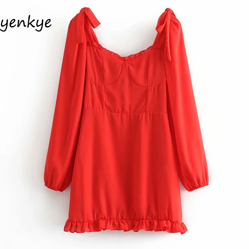 Женское шифоновое платье трапеция с бантом длинным рукавом и квадратным вырезом