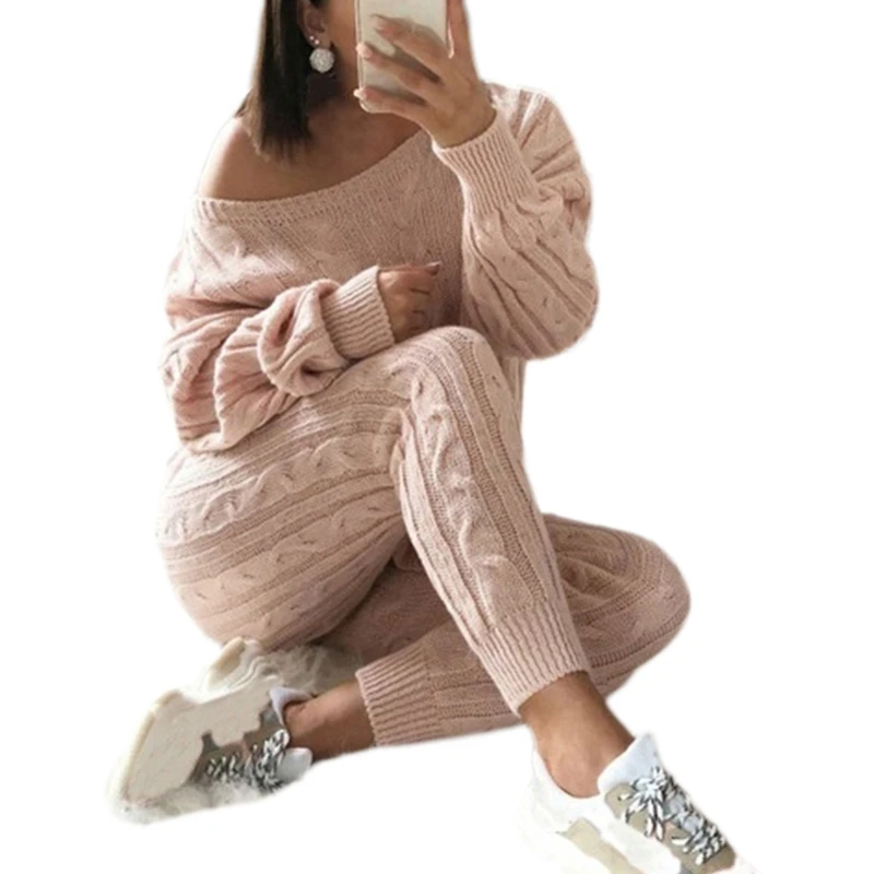

Women 2Pcs Outfits Long Sleeve Sweater Top Pants Cable Knit Tracksuit Loungewear J78E
