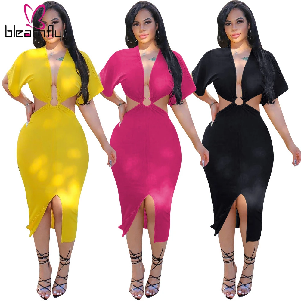 Новинка лета 2019 женское облегающее платье миди с коротким рукавом и глубоким v