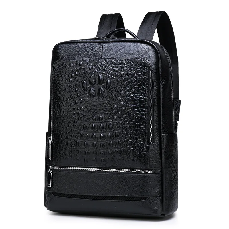 100% Cow Genuine Leather Men Backpacks Alligator Real Natural Leather Student Backpack Luxury Brand Large Computer Laptop Bag