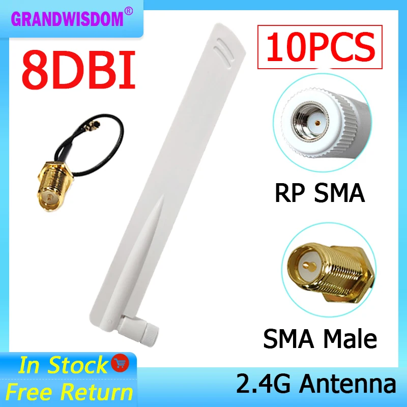 

GRANDWISDOM 10pcs 2.4G antenna 8dbi sma female wlan wifi 2.4ghz antene IPX ipex 1 SMA male pigtail Extension Cable module antena