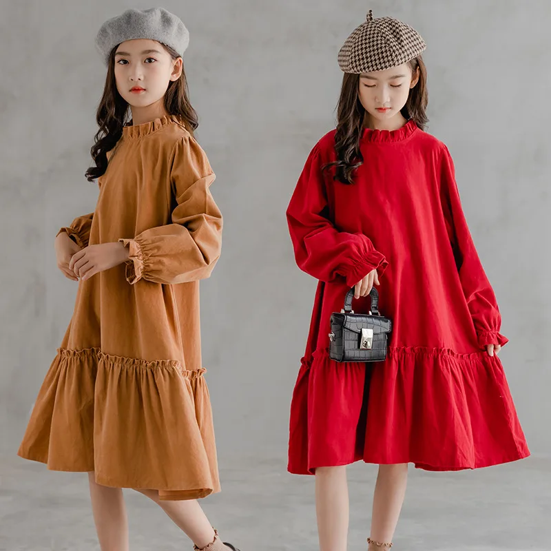 

Dress for Girls Autumn Corduroy Children Clothes Girl Loose Princess Dress Red Long Sleeve Kids Dresses Ruffle Teenager Outfits