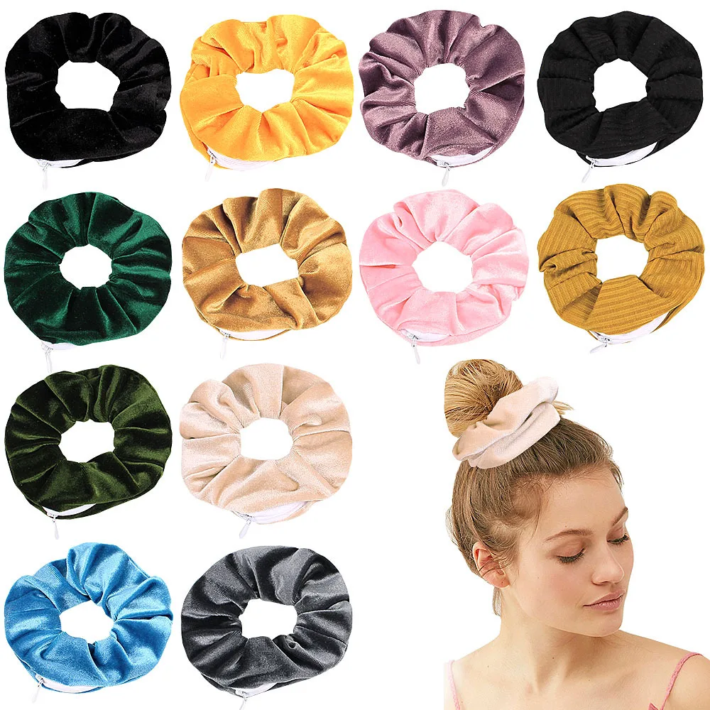 

2020 Novelty Designs Zipper Scrunchies Women Creative Velvet Hairbands Brand Quality Pocket Scrunches With Zip