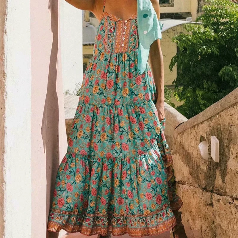 Boho королев для женщин с цветочным узором в виде роз платье без рукавов пляжное