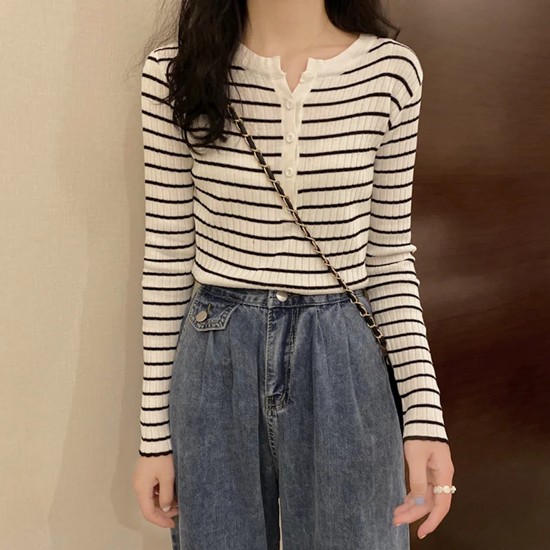 

Женский полосатый свитер с длинным рукавом, облегающий Топ, новый дизайн 2021