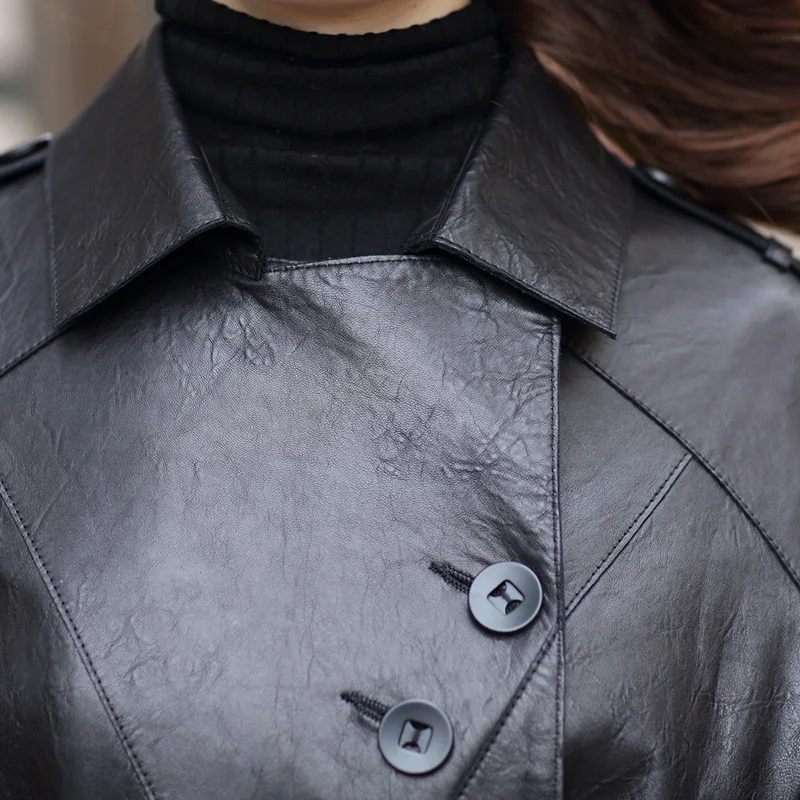 Slim Black Fashion Mid-Length Women 100% Real Sheepskin Leather Coat Simple Locomotive Style Sashes Pockets High Quality Jackets