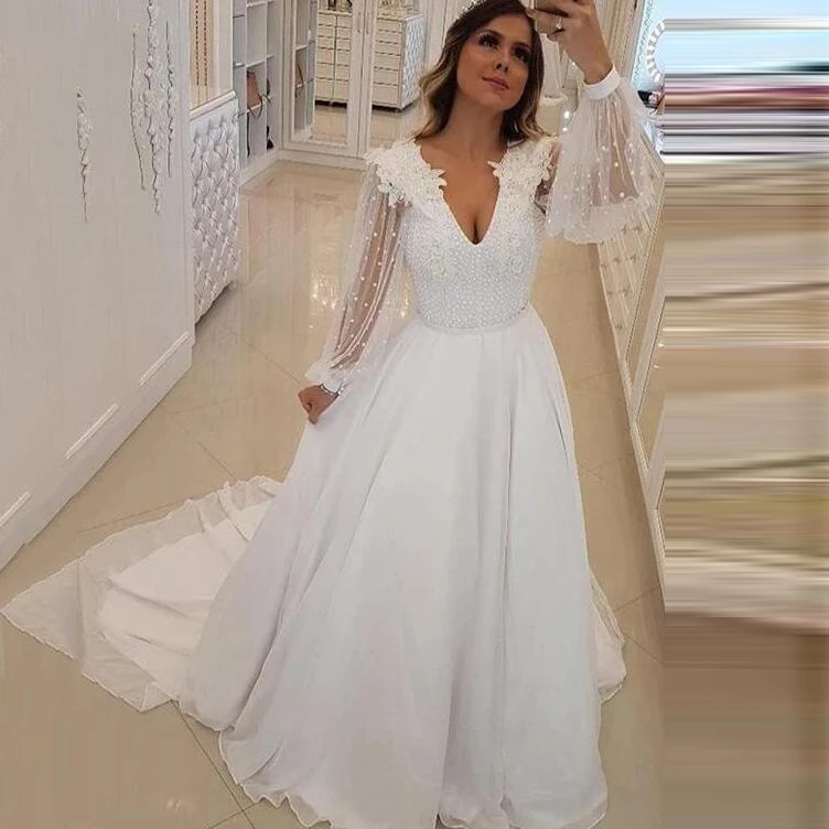 

Thinyfull Elegant Wedding Dresses A Line V Neck Long Puffy Sleeve Bride Dresses Chhiffon Lace Appliques Vestidos de novia 2020