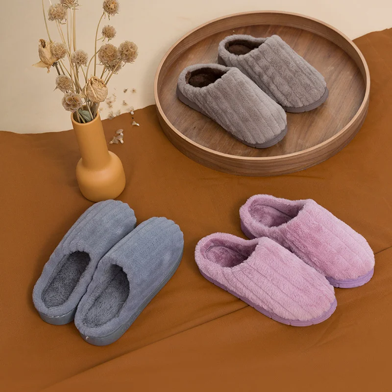 

2021 Weman's Slippers Plush Solid Color Autumn Winter Home Slipper Men Warm Indoor Beadroom Slides Men Stripe Cotton Slippers