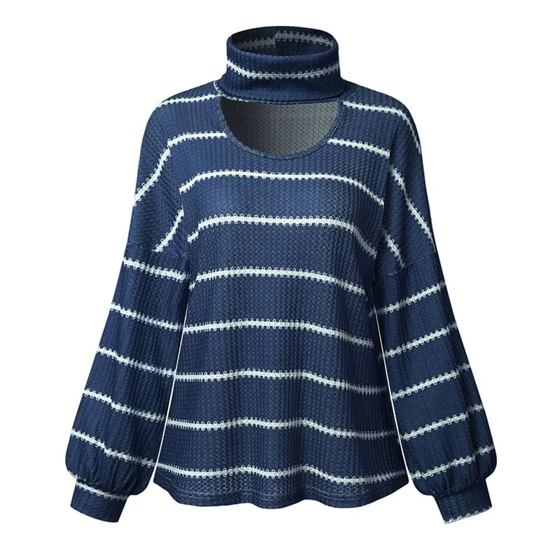 

Women Loose Sweater Spring Autumn Long Sleeve Tops Striped Hollow Out O-Neck Casual Vintage Tee Shirts Tops