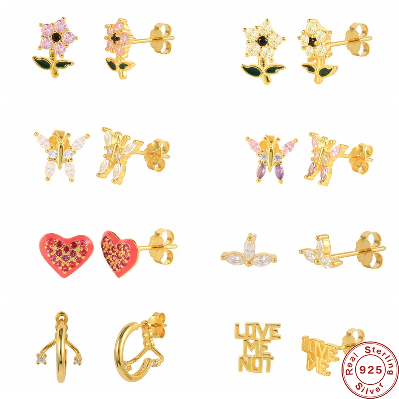 

CANNER 100% 925 Silver Piercing Enamel & Zircon Flower Butterfly Love Heart Letter Stud Earrings For Women Fine Jewelry Aretes