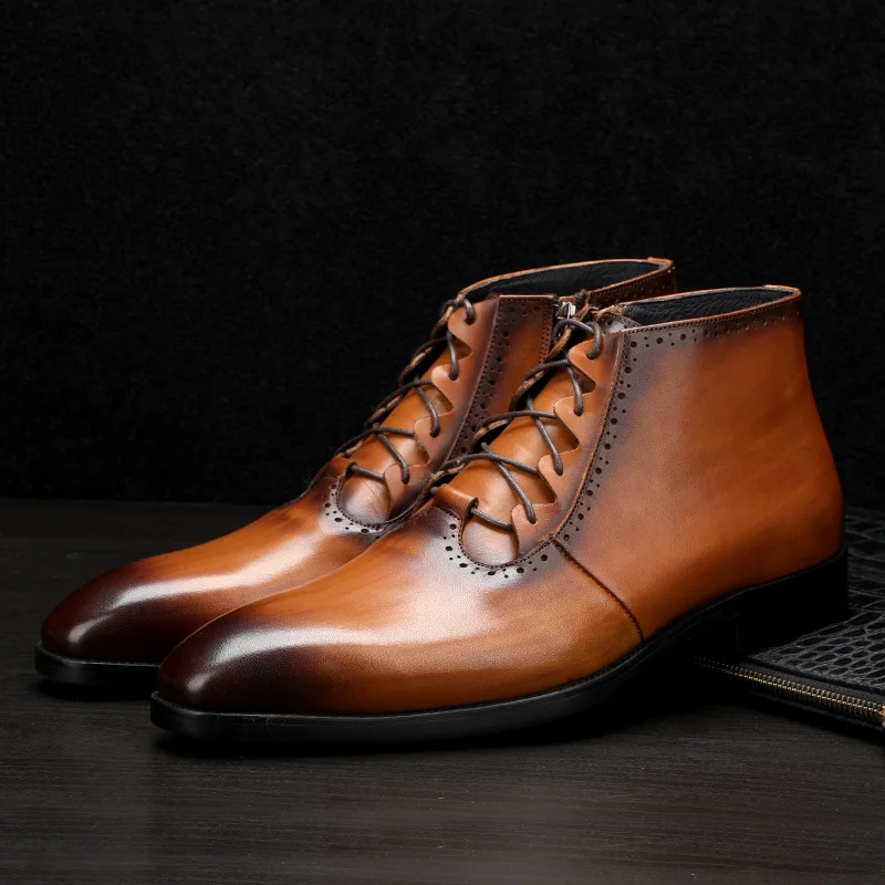 

plus size wedding party dress men's boots carving bullock cow leather shoes brogue shoe point toe ankle boot zapatos bota hombre