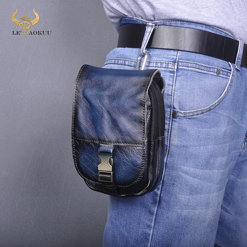

Design Men Real Quality Leather Small Travel Phone Pouch Hook Belt Fanny Waist Pack Bag High Fashion Blue Male Case 6185
