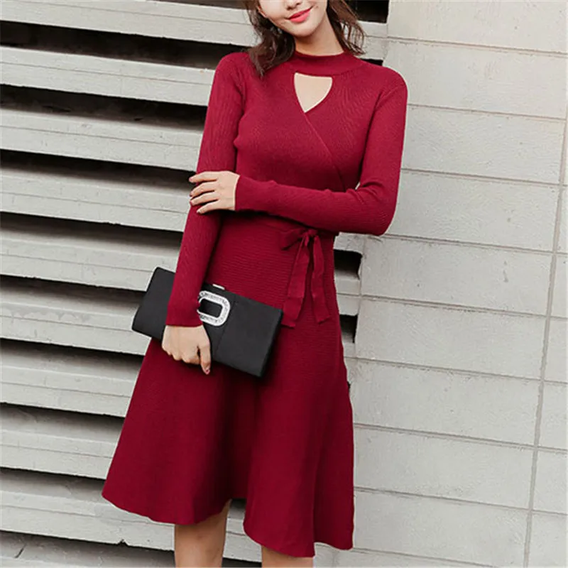 Корейское модное платье-свитер женские вязаные свитера платья с высокой талией