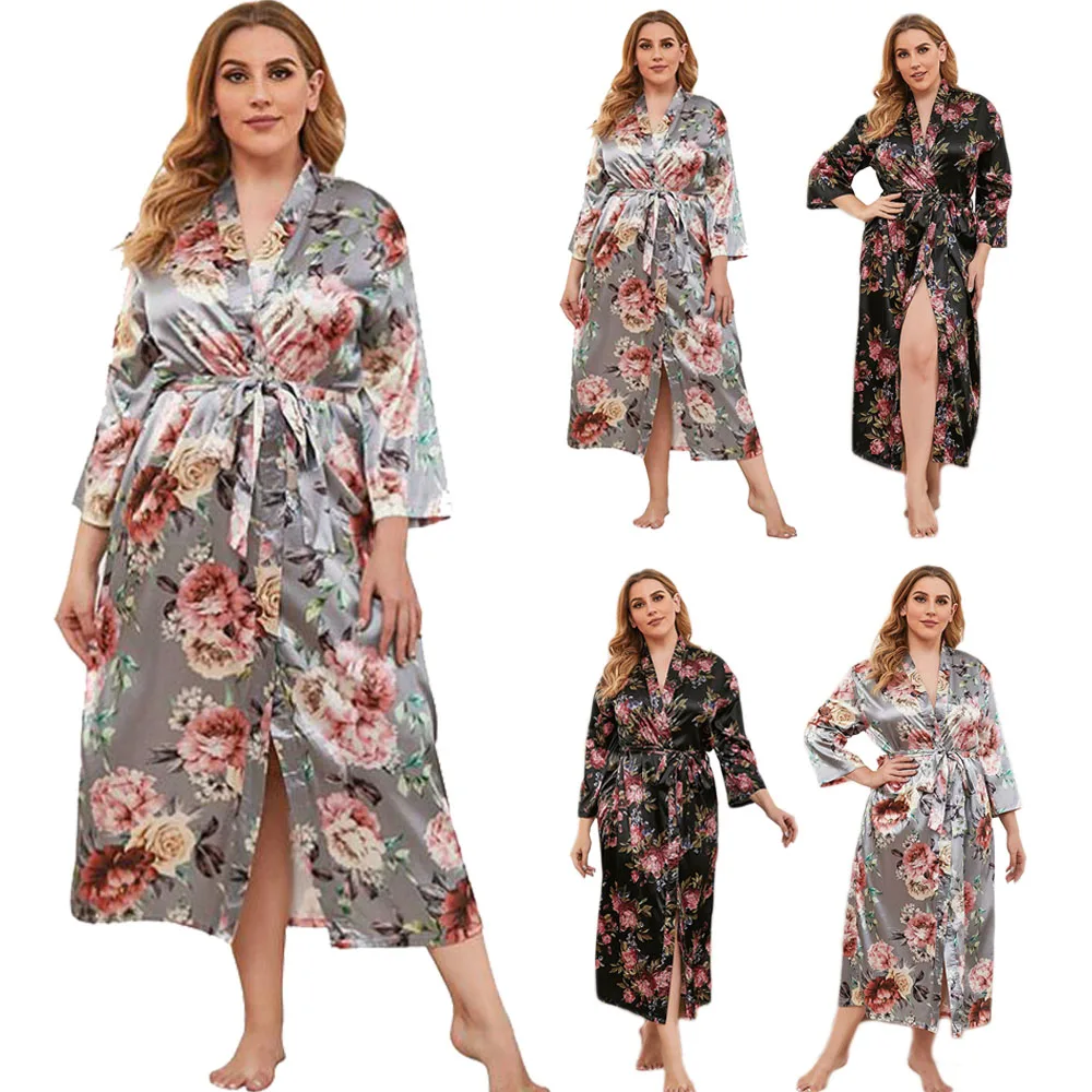 

Женская атласная пижама, тонкая ночная рубашка с цветочным принтом, с длинным рукавом, банный халат, для отдыха, весна, размера плюс
