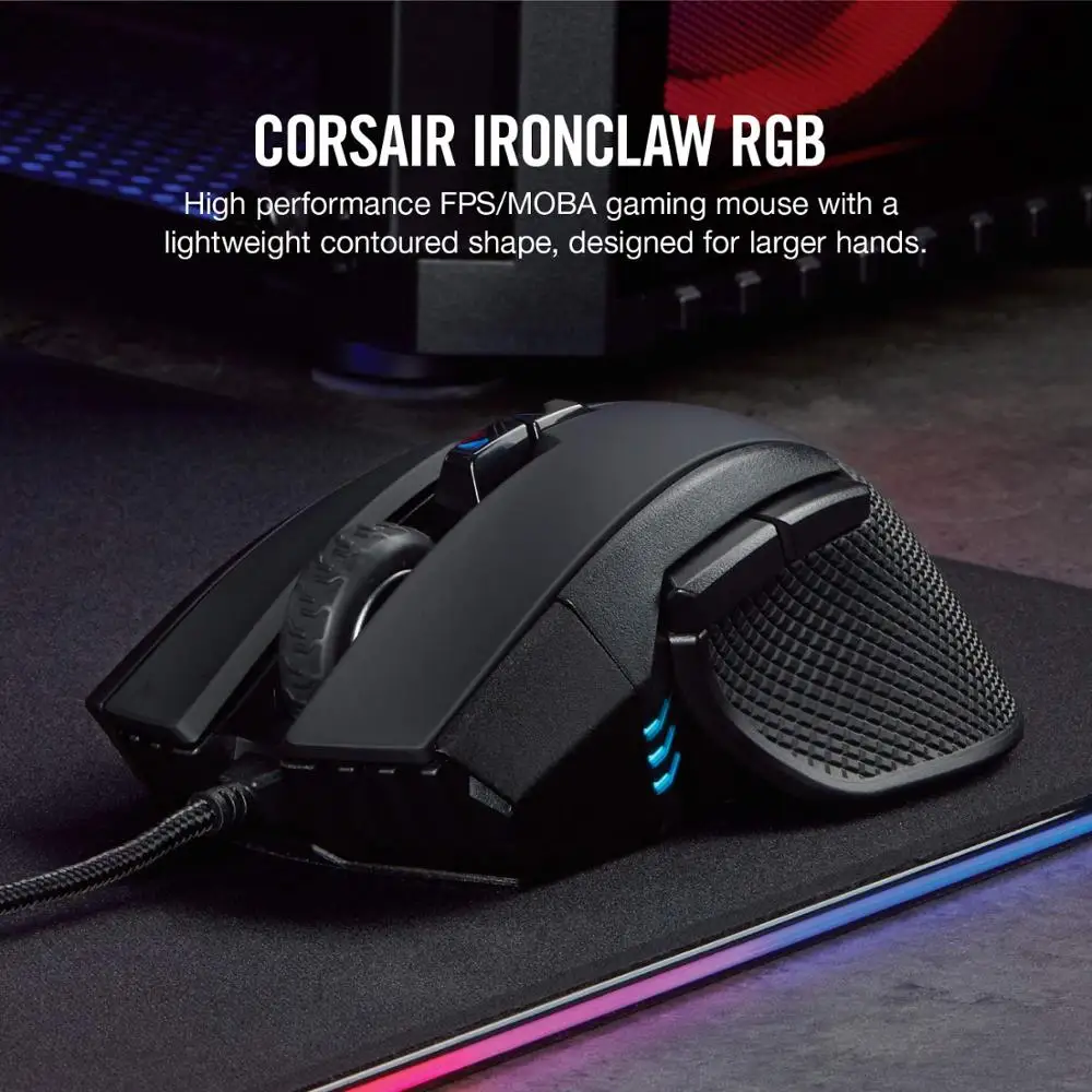 Игровая мышь CORSAIR IRONCLAW RGB FPS/MOBA с подсветкой LED 18000 DPI оптическая (версия CN)-черная |