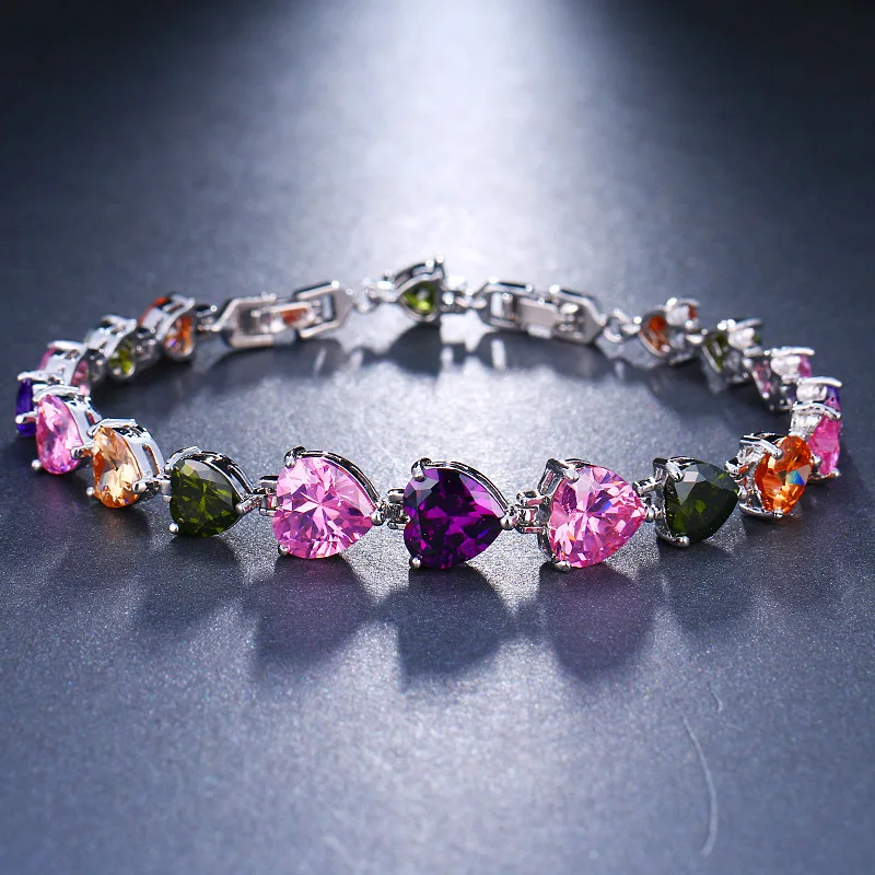 

ORZTOON Vintage Charm Shining Zircon Lovely Heart Bracelets for Women Elegant Purple Colorful Bracelet Trendy Wedding Jewelry