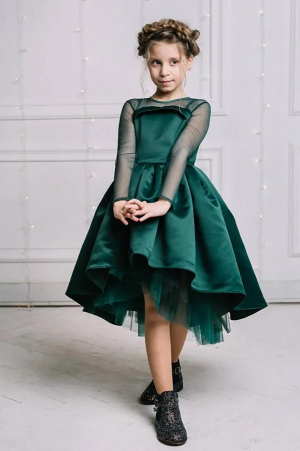 2020 New Dark Green Satin Flower Girl Dress For Wedding Sheer Neck High Low Princess Pleats Custom Made Kids Prom Dresses | Детская