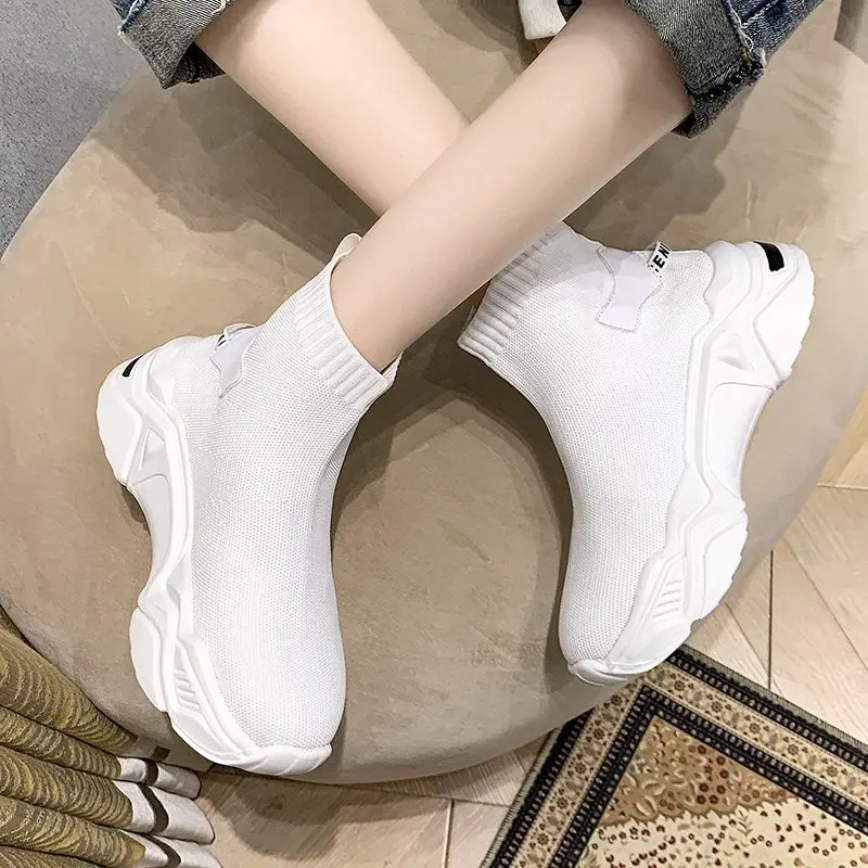 

High Top Sock Sneakers Women Stretch Fabric Shoes Knit Platform Sneakers Women Casual Vulcanized Shoes Black White 2021