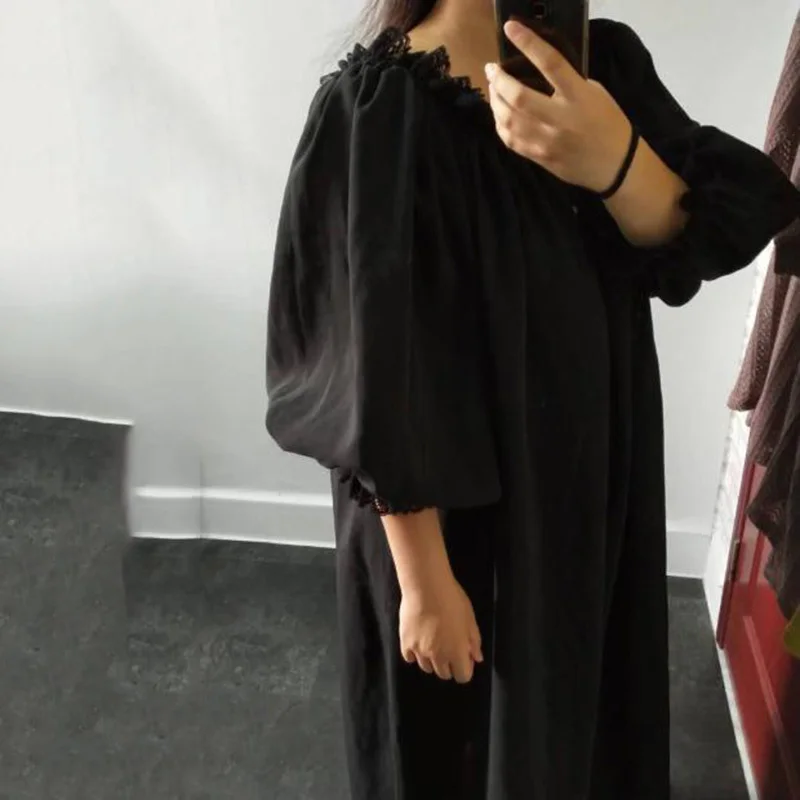 

[EAM] Women Black Ruffles Stitch Big Size Long Dress New Slash Neck Long Sleeve Loose Fit Fashion Tide Spring Autumn 2021