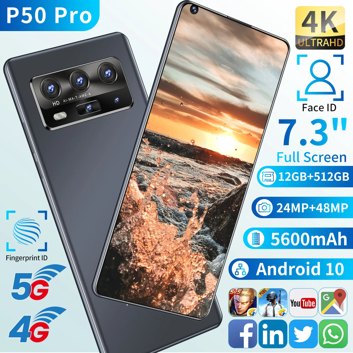 

New P50 Pro 7.3 Inch Global Version Smartphone Android 10 12GB 512GB 24MP 48MP 5600mAh Dual Sim Unlocked Mobile Phone Deca Core