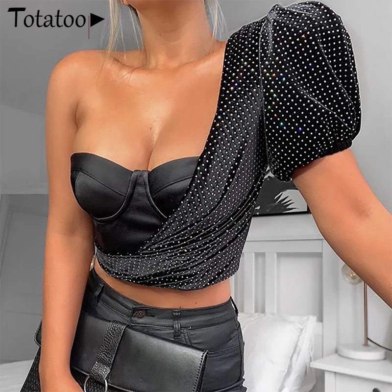 Totatoop женские короткие топы с открытым плечом и пышными рукавами черная Блестящая