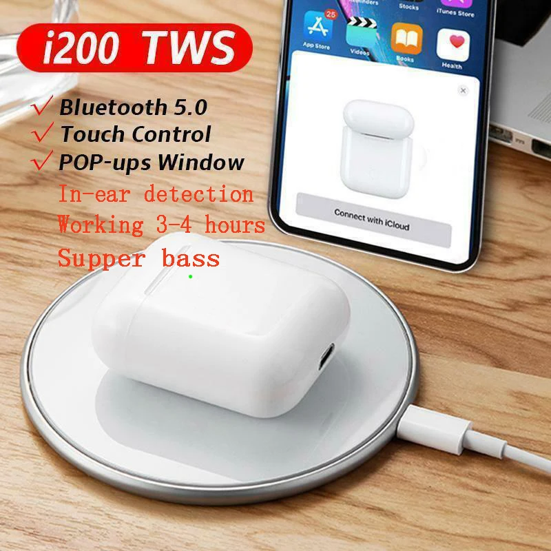 I200TWS всплывающие 1:1 умные сенсорные Bluetooth беспроводные наушники 5D супер бас гарнитура с зарядным устройством PKi10 i12 i9000 i10000tws