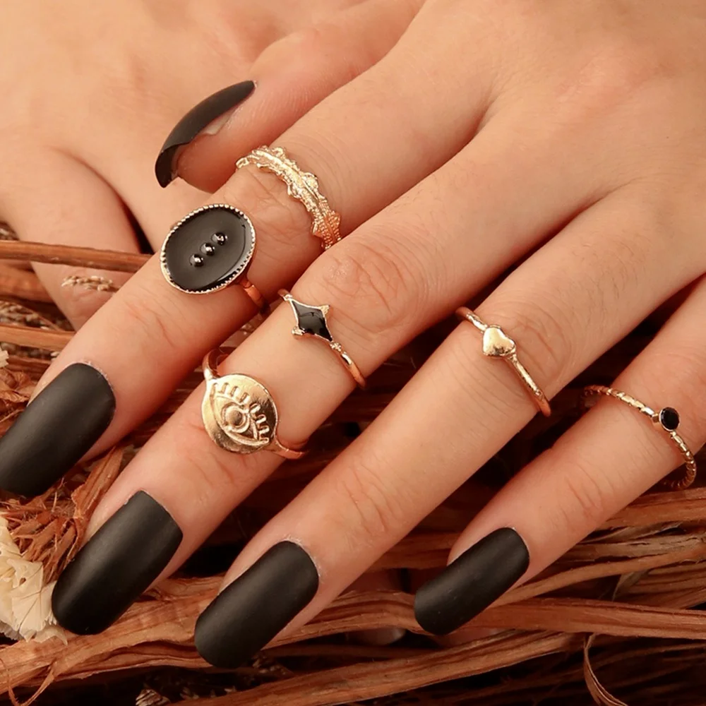 

6 Pcs/set New Knuckle Rings Trendy 2021 Personality Black Carved Eyes Heart Boho Ring Set For Women Grunge Jewelry Wholesale