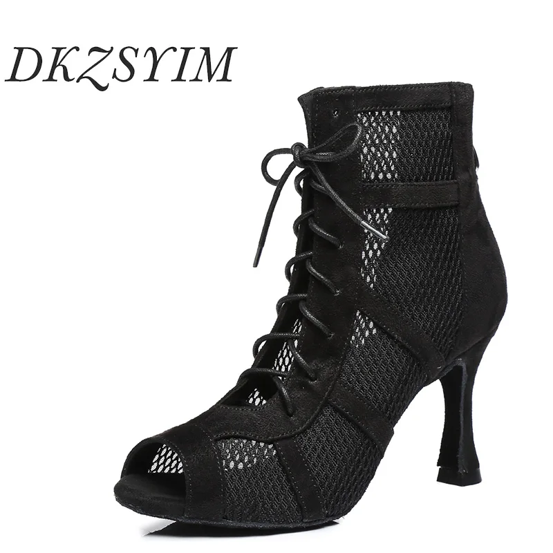 

DKZSYIM Lace-Up Latin Dance Shoes Mesh For Women Ballroom Tango Modern Dancing Shoes Suede Soles Party Dance Shoes High Top 8.5