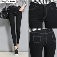 womens high waist faux jeans leggings with pockets women skinny stretch denim pants capri jeggings femme casual black leggins