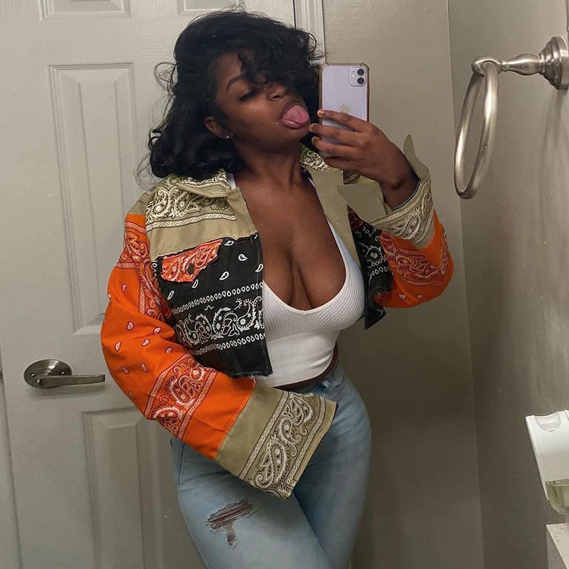 

New Fashion Block Paisley Print Cropped Jackets Vintage Casual Women Long Sleeve Button Down Loose Outerwear Short Coats