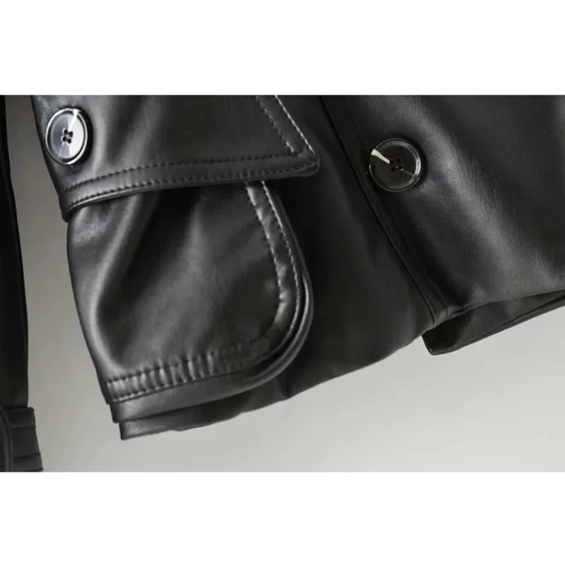 

PEONFLY Black Slim PU Coats Women Fashion Faux Leather Jackets Women Elegant Double Breasted Tie Belt Waist Pockets Coats Female