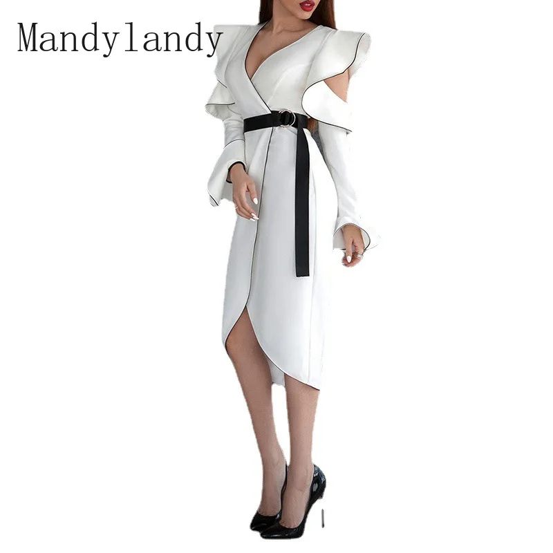 

Летнее сексуальное платье Mandylandy с оборками, облегающее лоскутное платье с расклешенным рукавом, женское повседневное однотонное асимметри...