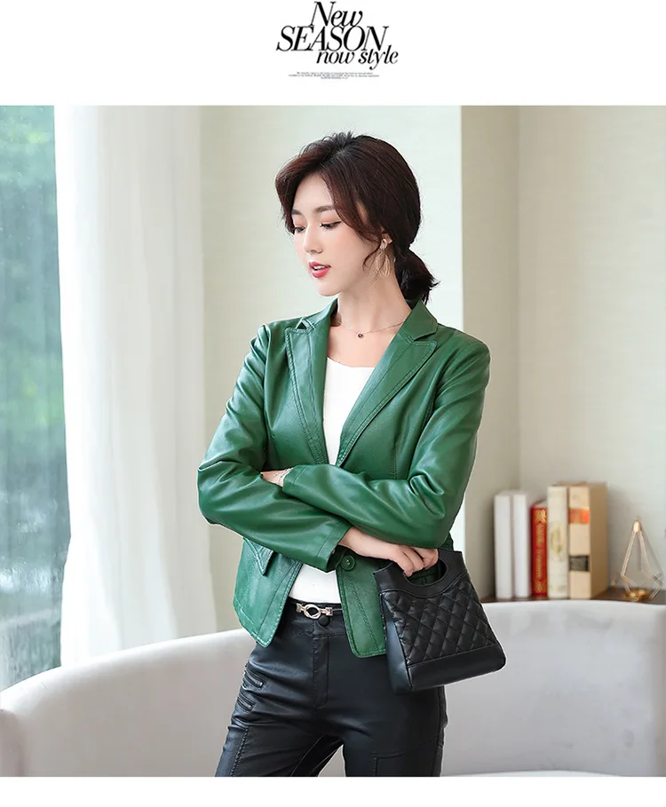 KoHuiJoo осенний искусственный кожаный пиджак для женщин, на пуговицах, тонкий, офисный, женский, тонкий, Деловой, из искусственной кожи, куртки зеленый, фиолетовый, черный