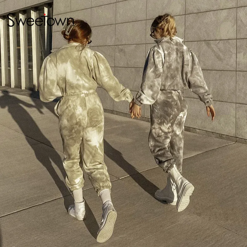 

Sweetown Streetwear Tracksuits Women Tie Dye Print Vintage Two Piece Pants Suits Zip Up Crop Jackets + Sweatpants 2 Pieces Sets