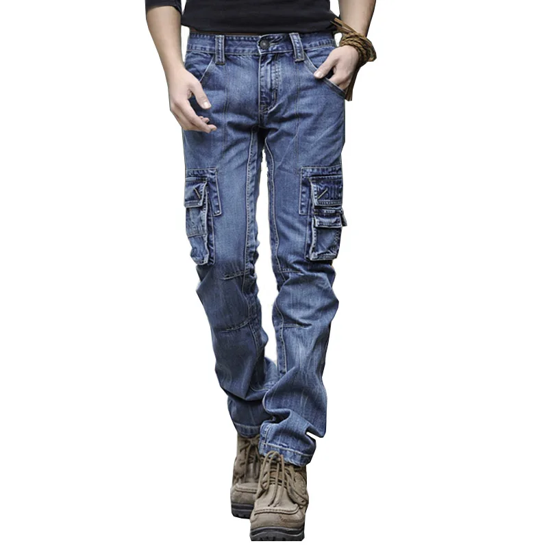 Mcikkny Men Cargo Outdoor Jeans Pants Multi Pockets Slim Straight Denim Trousers For Male Straight Washed