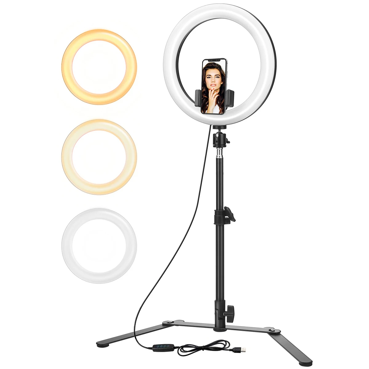 

Кольцевой светильник для селфи со штативом и держателем для сотового телефона, регулируемая яркость, настольный светильник для макияжа, ид...
