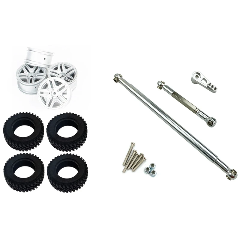 

FBIL-2 Set RC Car Part: 1 Set Metal Wheel Rim Hub Rubber Tire Tyre Set & 1 Set Metal Steering Pull Rod Servo Link Rod