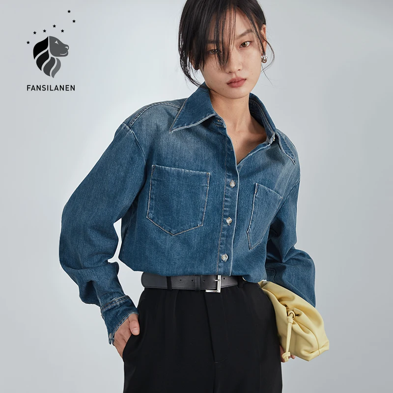

FANSILANEN Casual 100% cotton blue denim blouse shirt Women long sleeve spring button up shirt Female oversize pocket jeans top